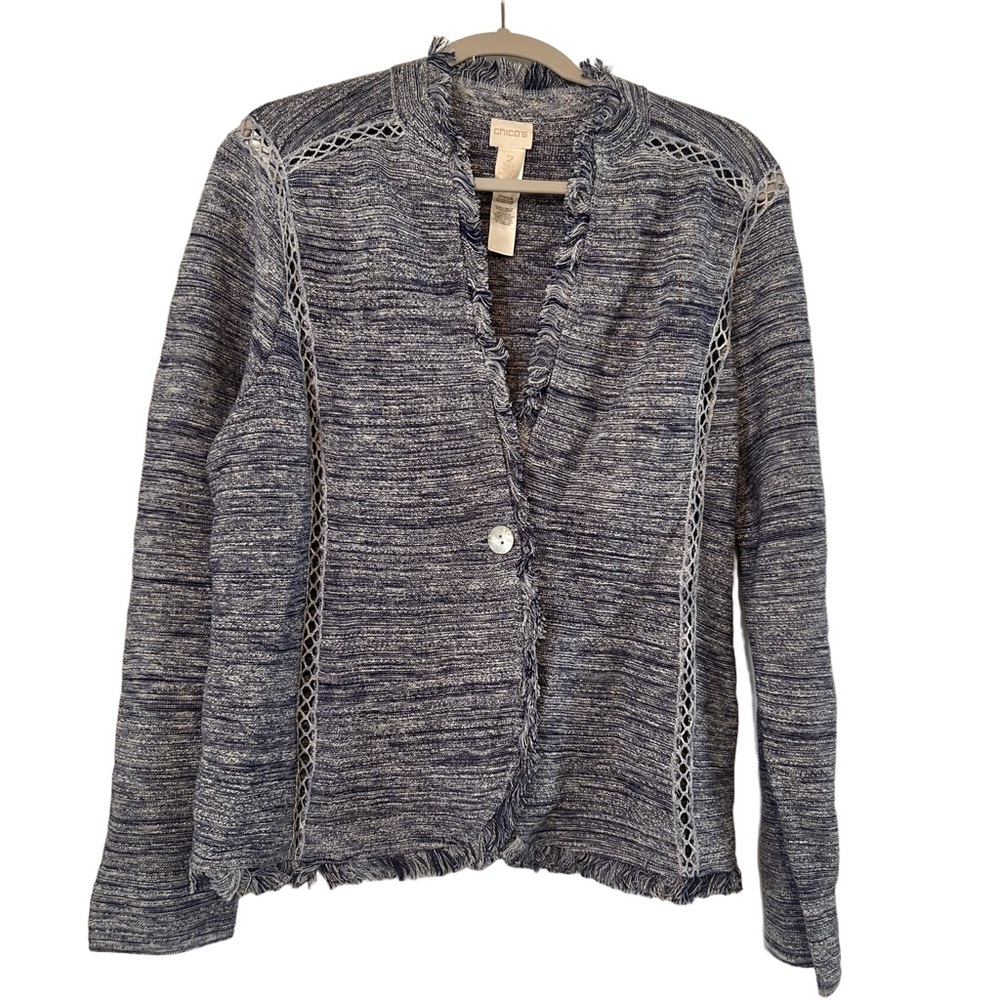 Chico's Linen Cotton Blend Textured Blue Cardigan with Fringe Size L/2 (12/14)